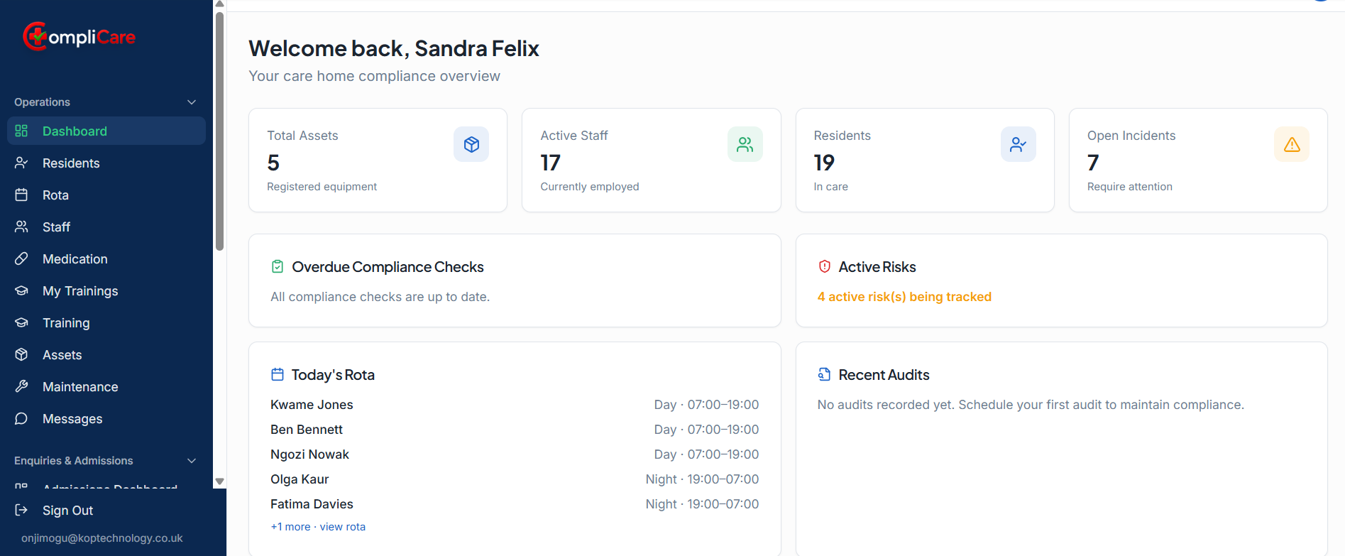 CompliCare web dashboard showing residents, staff, compliance checks and today's rota